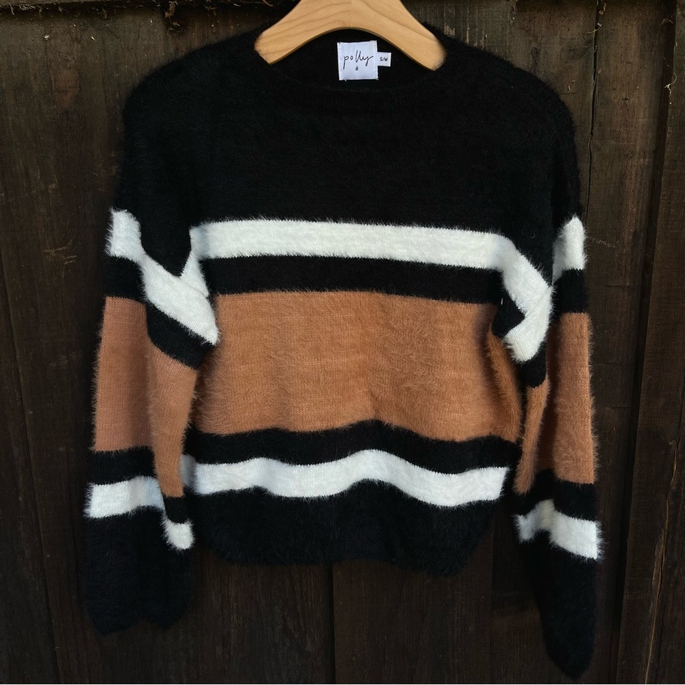 Princess Polly Fuzzy Sweater Black Stripe Color Block